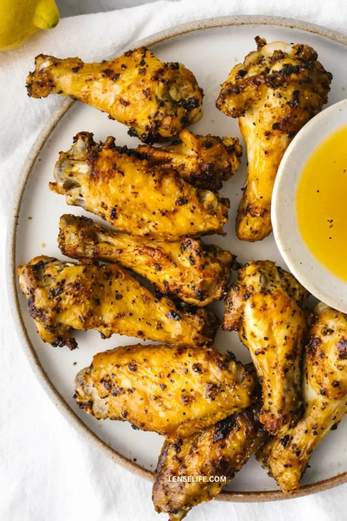 Air fryer chicken wings with a bowl of lemon pepper seasoning and dipping sauce