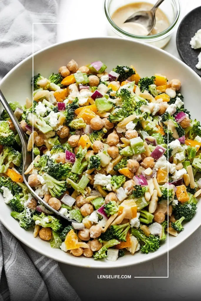 A bowl of Chopped Broccoli and Chickpea salad
