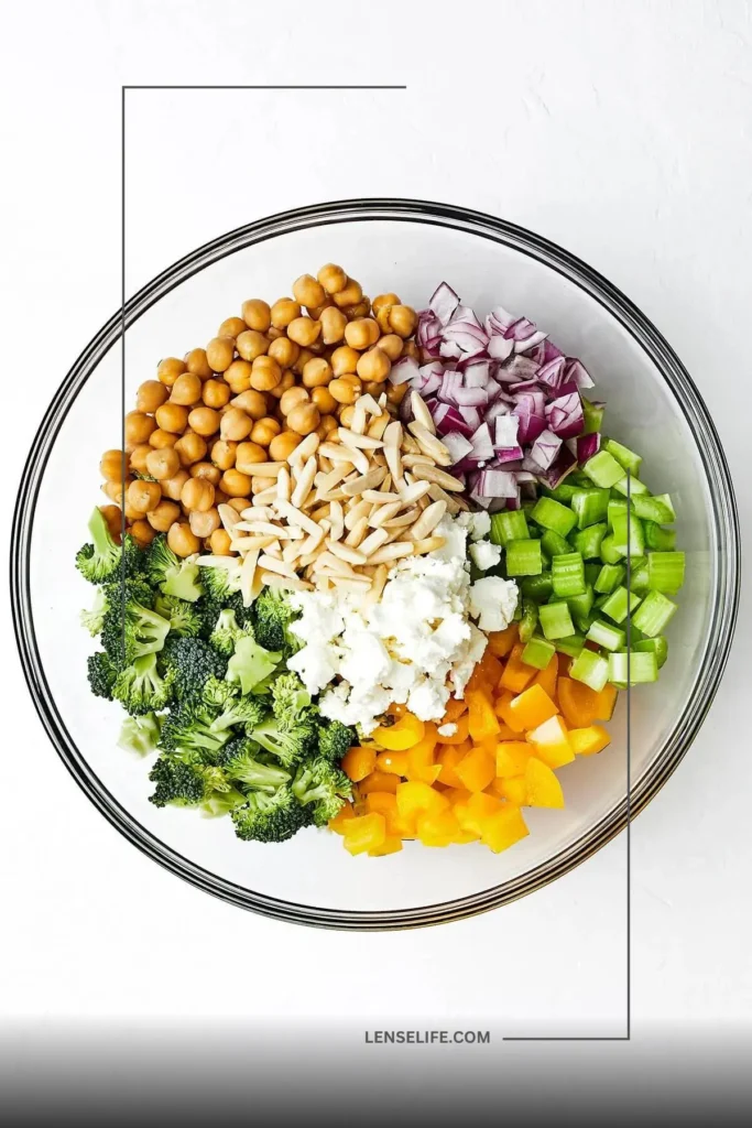 Ingredients for Chopped Broccoli and Chickpea in a bowl