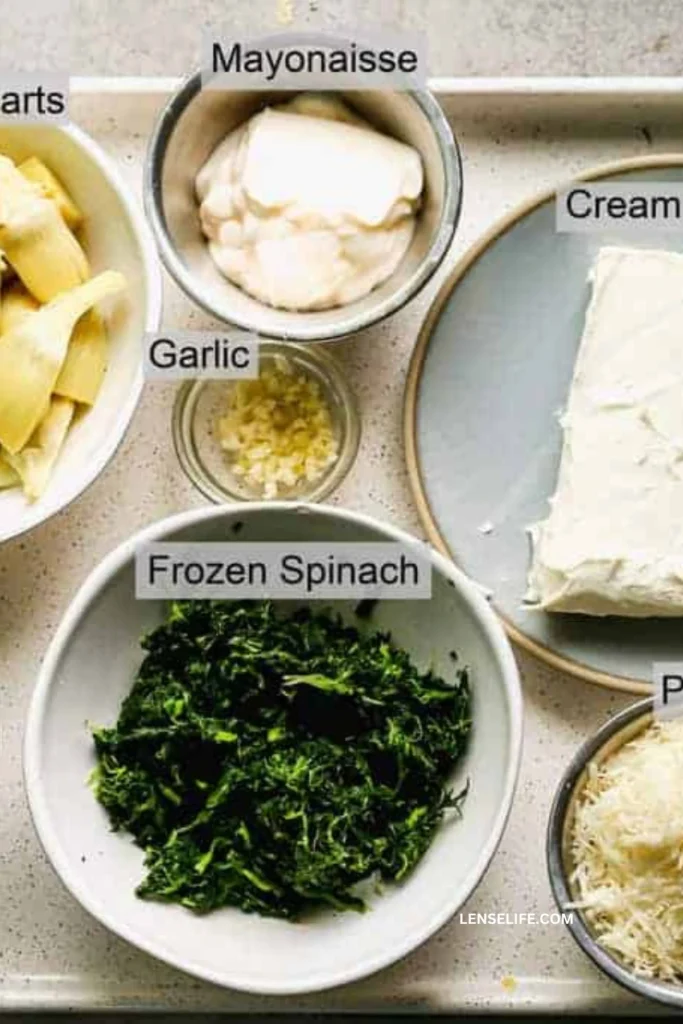 Spinach Artichoke Dip ingredients in bowls