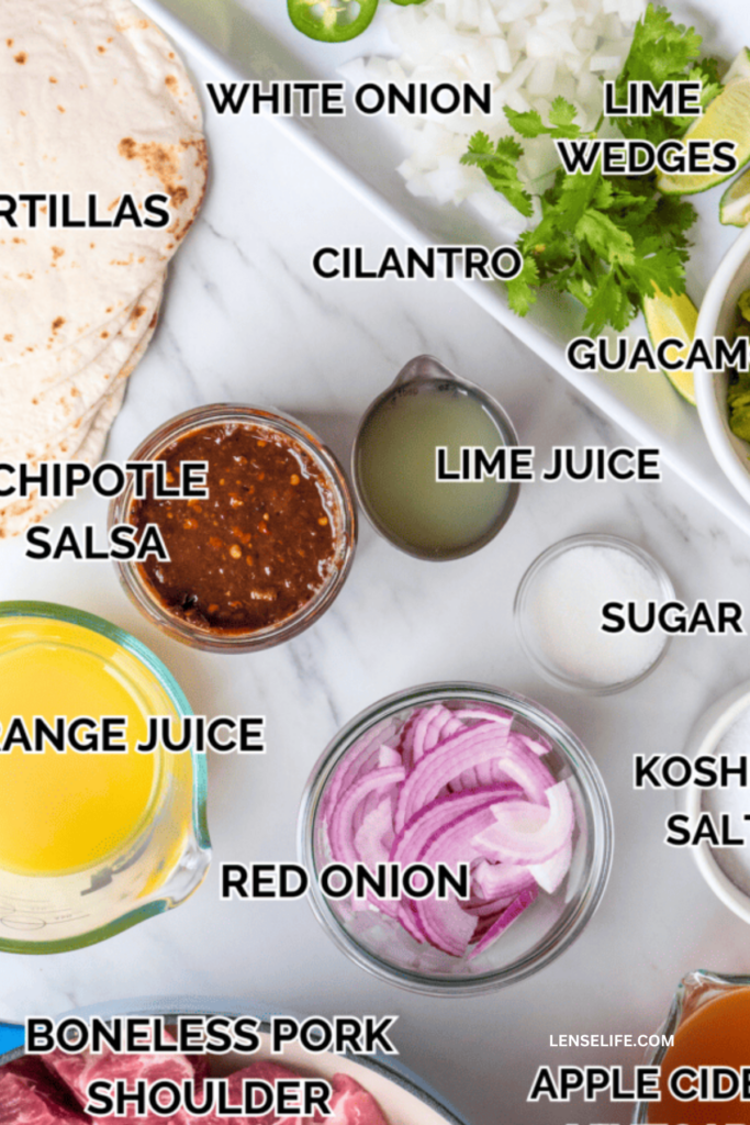 Carnitas Tacos ingredients on bowls