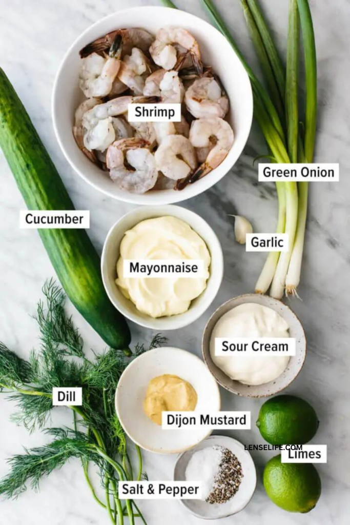 Cucumber Shrimp Salad ingredients on bowls