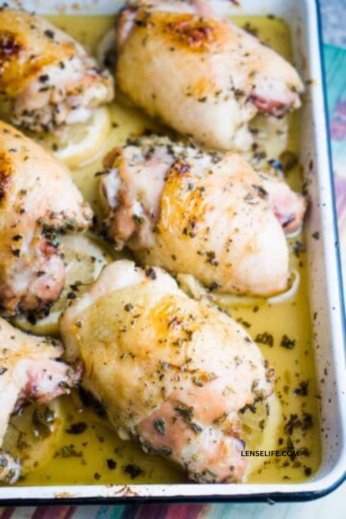 Greek Lemon Chicken ready to be baked in a tray
