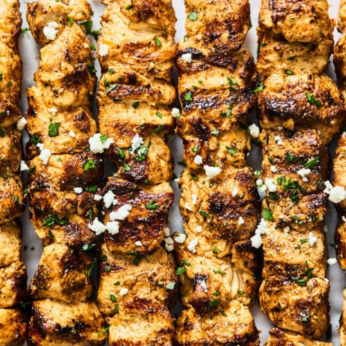 Grilled Greek Chicken Kabobs in a row