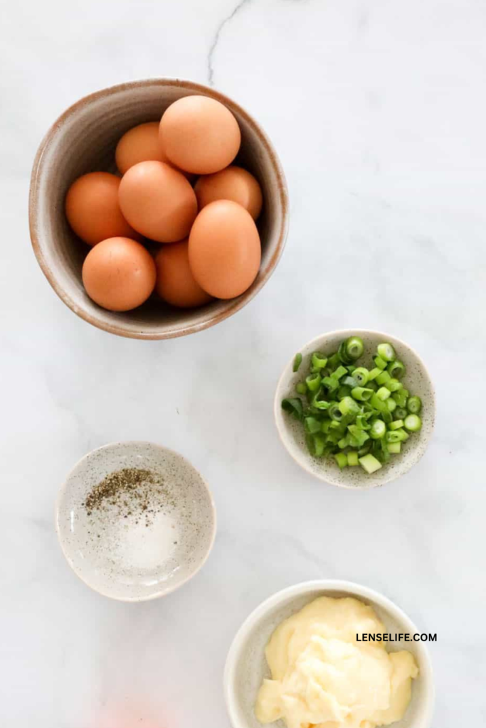 Ingredients for Curried Egg Salad on bowls