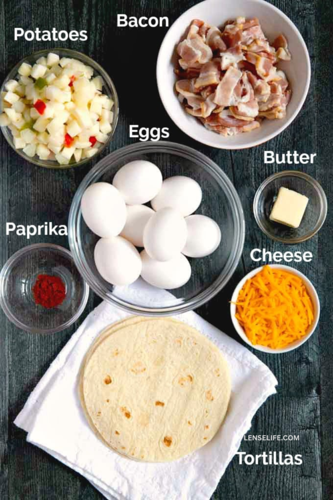 Ingredients of breakfast tacos in bowls