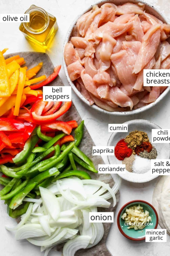 Ingredients for Chicken Fajitas in bowls