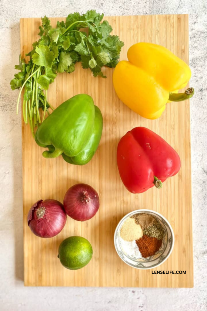 Fajita veggies ingredients on the chopping block