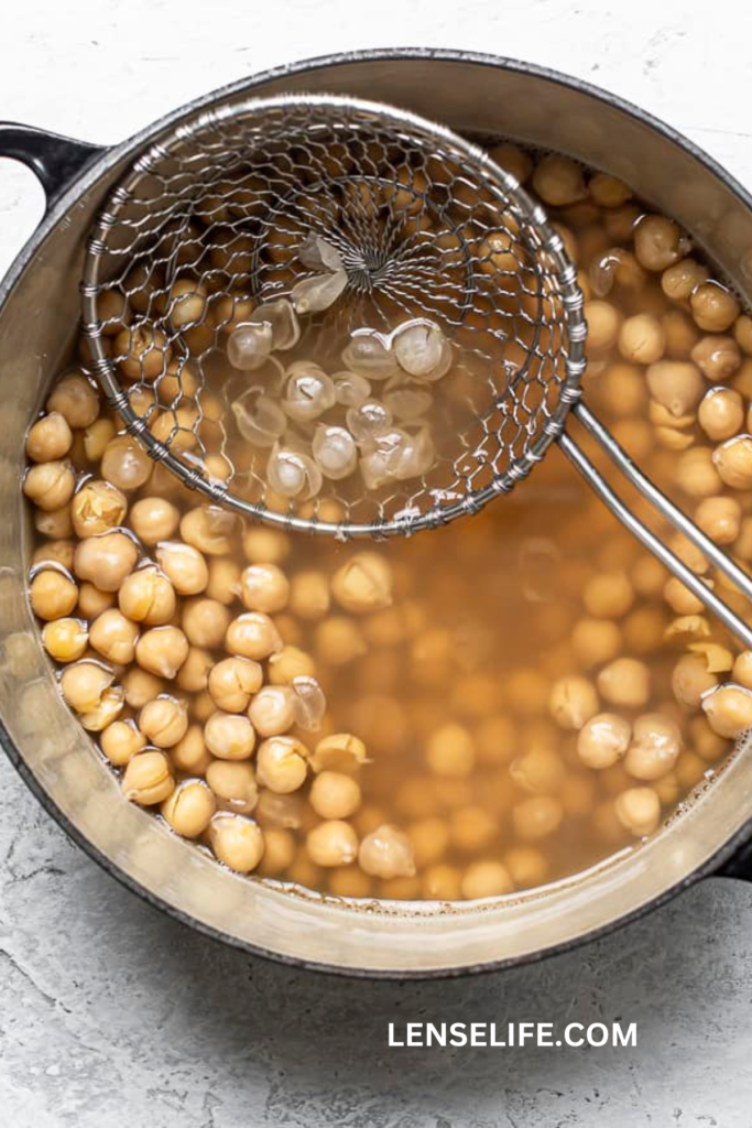 Rinsing and draining chickpeas 