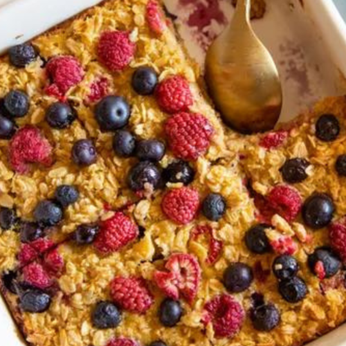 deliciously prepared berry baked oatmeal in a casserole dish