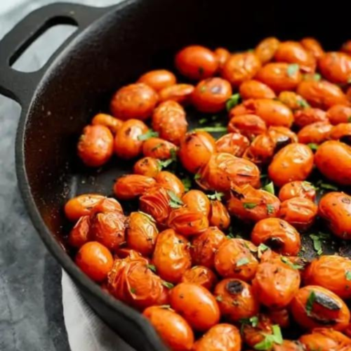 Soft Blistered Tomatoes cooked on a pan