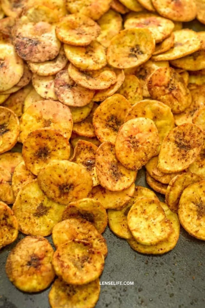 crispy and crunch looking plantain chips in the prosses of baking