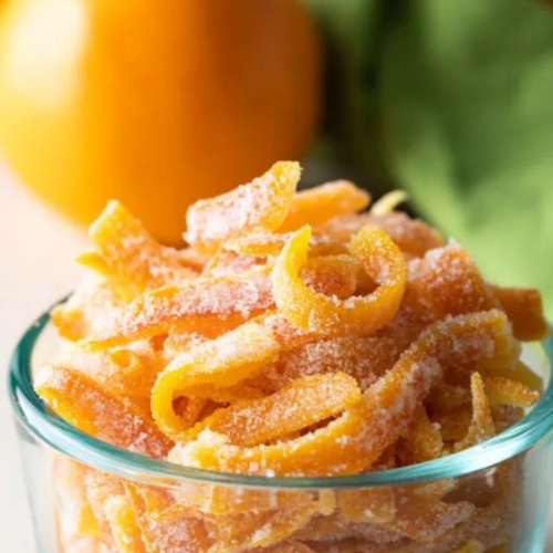 delicious candied orange peel on a bowl