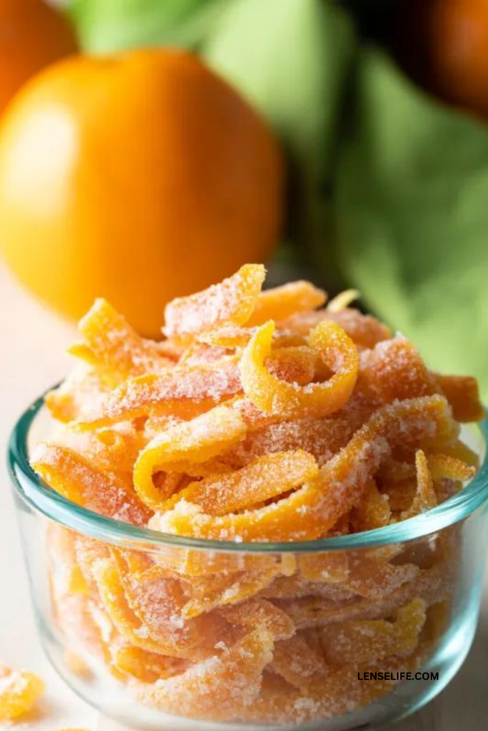 delicious candied orange peel on a bowl