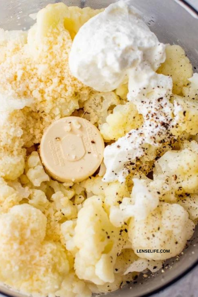 Cauliflower Mashed Potatoes ingredients in a food processor