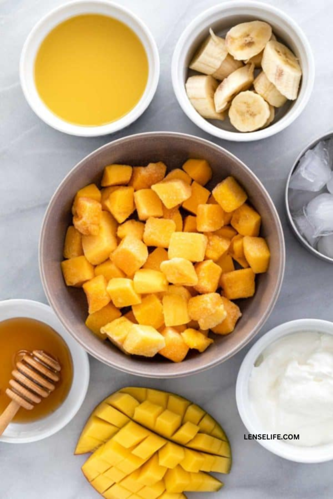 mango smoothie ingredients in bowls