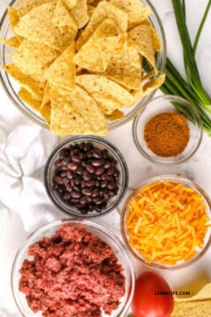 Nacho ingredients on bowls
