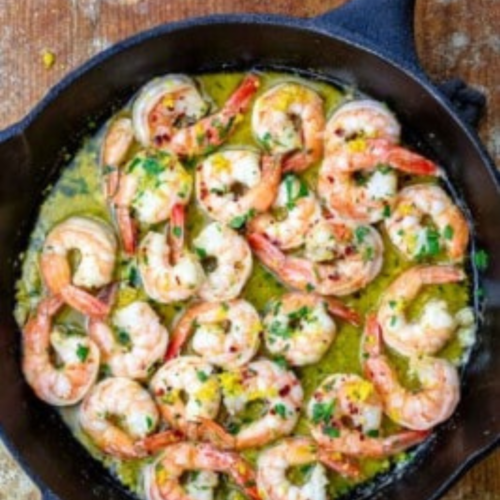 deliciously prepared shrimp scampi in a pan