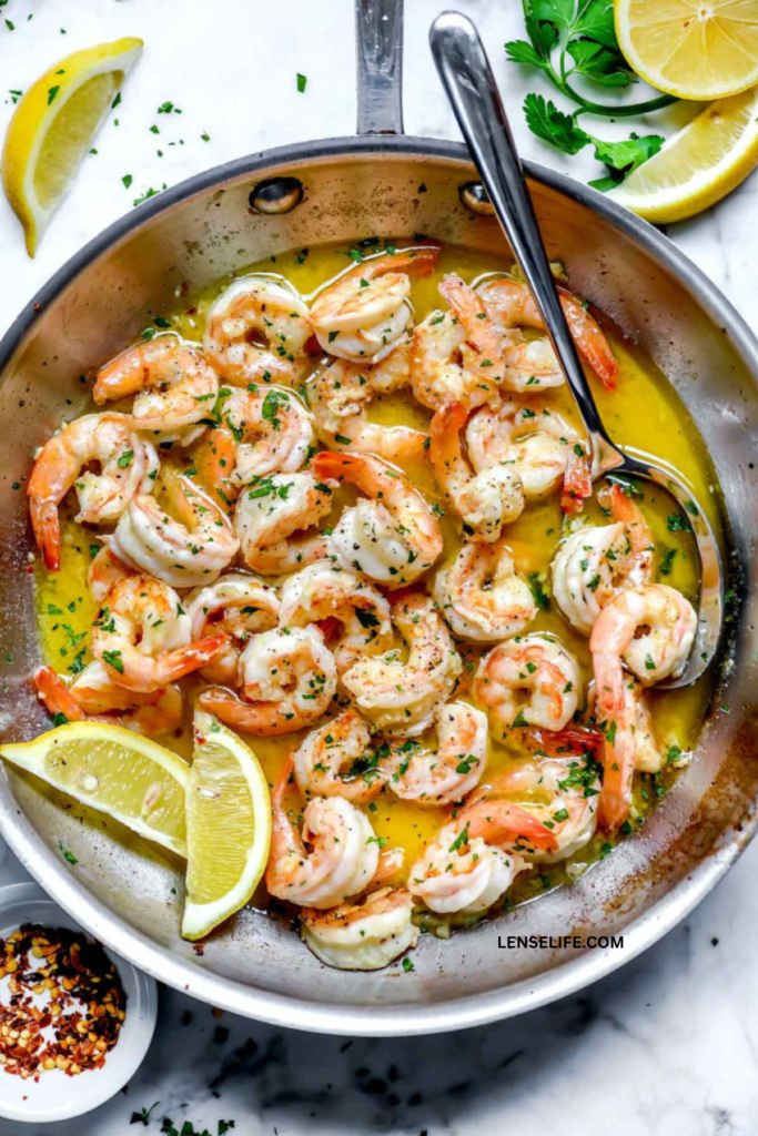 deliciously prepared shrimp scampi in a pan