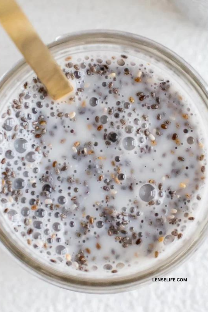 mixing chia seeds and liquid in a bowl