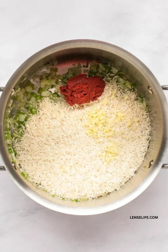 sautéing the rice in a pot
