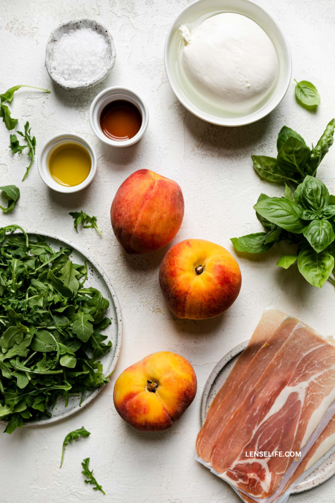 Grilled Peach and Burrata Salad ingredients