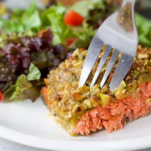 Pistachio Crusted Salmon in a plate