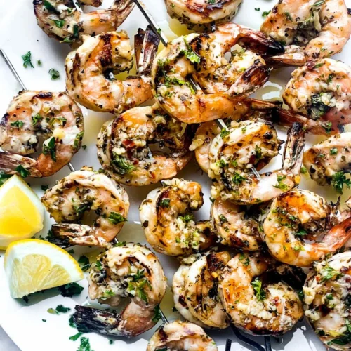 Garlic Grilled Shrimp Skewers on a plate