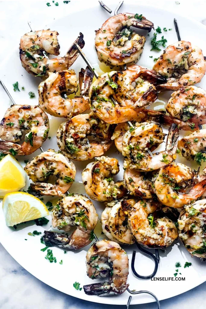 Garlic Grilled Shrimp Skewers on a plate