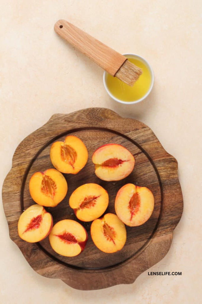 brushing peaches with olive oil