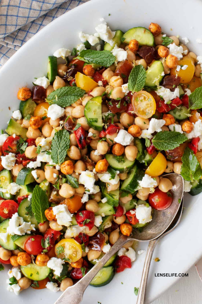 Mediterranean Chickpea Salad in a large shallow bowl