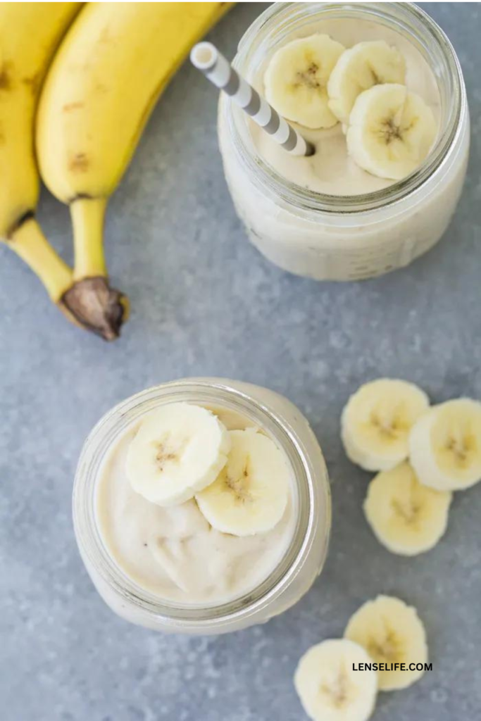 Banana Smoothie topped with banana slices in jars