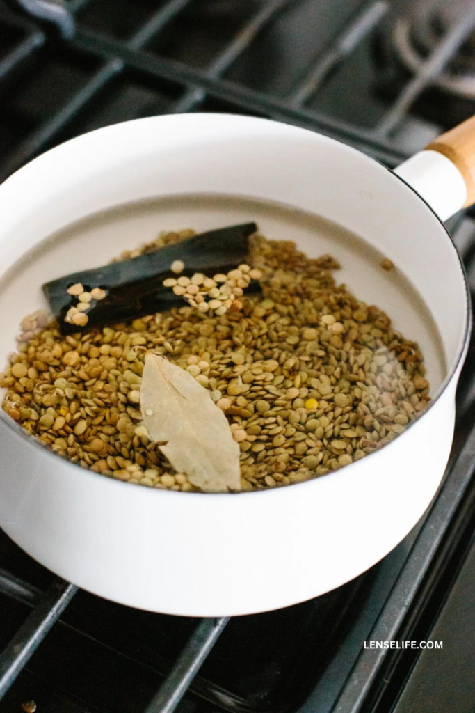 cooking lentils in a saucepan