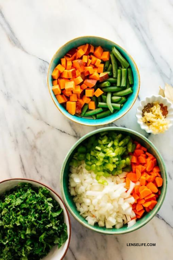 diced vegetables in bowls